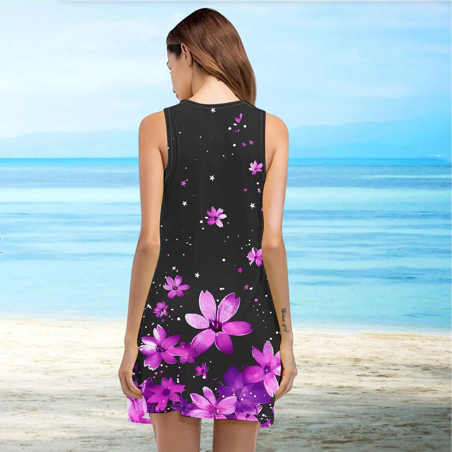 hlysgo Sundresses for Women 2025 Summer Sleeveless Beach Mini Dresses Trendy Floral Print Coverup Tank Dress with Pockets