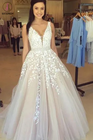 Kateprom A-Line V Neck Light Gray Princess Tulle Long Prom Dresses With Bead KPP1257