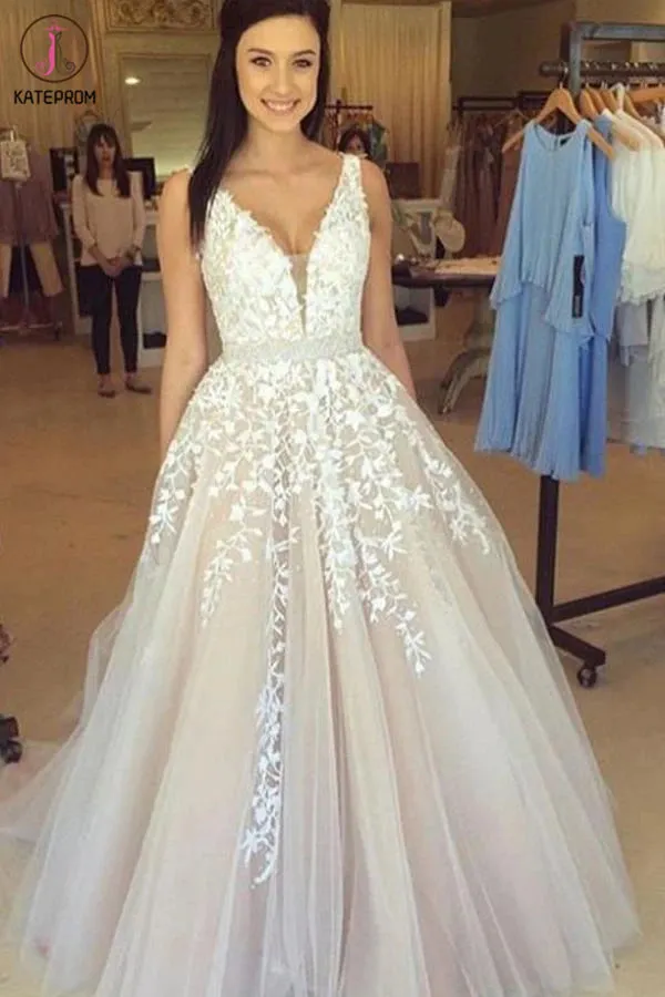 Kateprom A-Line V Neck Light Gray Princess Tulle Long Prom Dresses With Bead KPP1257