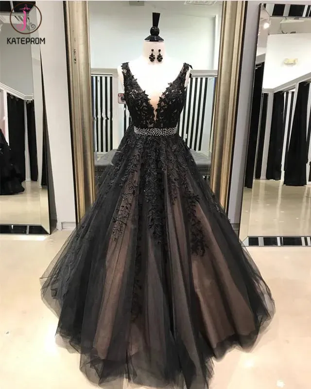 Kateprom A-Line V Neck Light Gray Princess Tulle Long Prom Dresses With Bead KPP1257