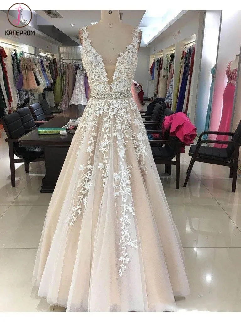 Kateprom A-Line V Neck Light Gray Princess Tulle Long Prom Dresses With Bead KPP1257