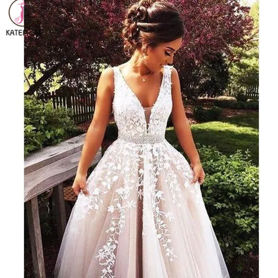 Kateprom A-Line V Neck Light Gray Princess Tulle Long Prom Dresses With Bead KPP1257