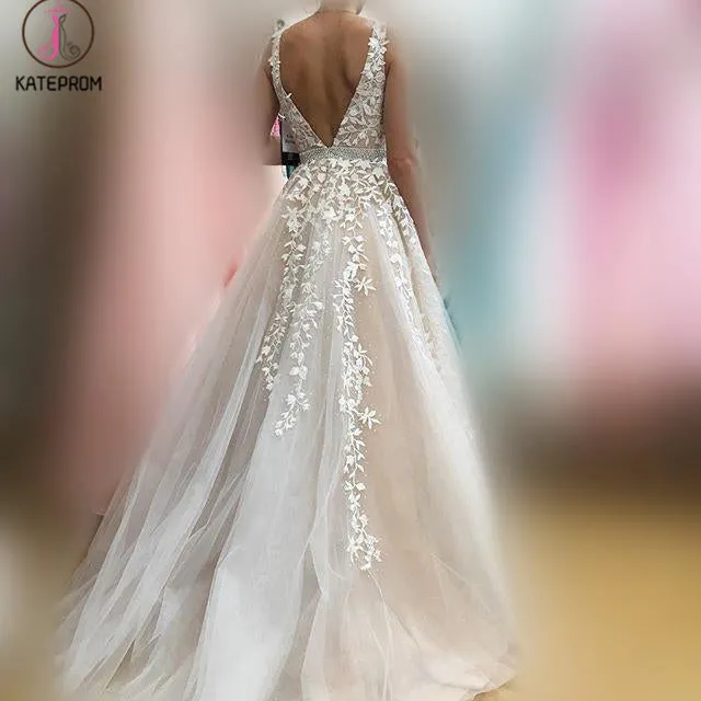Kateprom A-Line V Neck Light Gray Princess Tulle Long Prom Dresses With Bead KPP1257