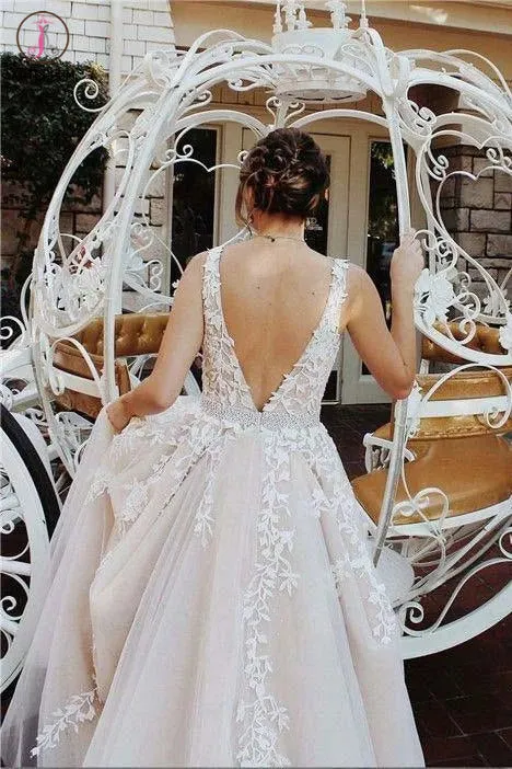 Kateprom A-Line V Neck Light Gray Princess Tulle Long Prom Dresses With Bead KPP1257