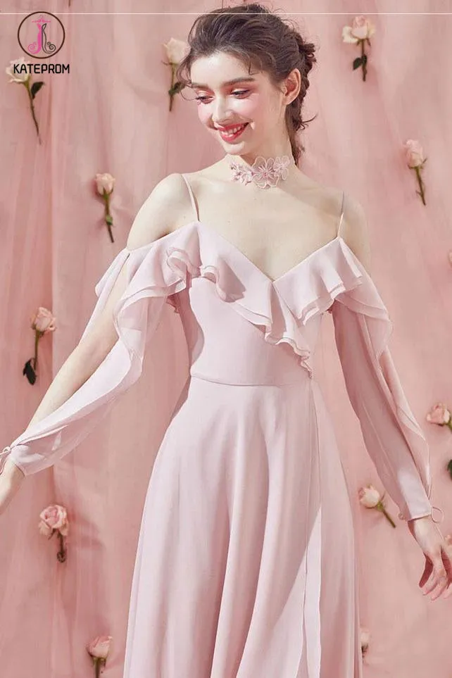 Kateprom Cheap Light Pink Spaghetti Straps Ruffles Chiffon Prom Dresses, Unique Long Formal Dress KPP1275