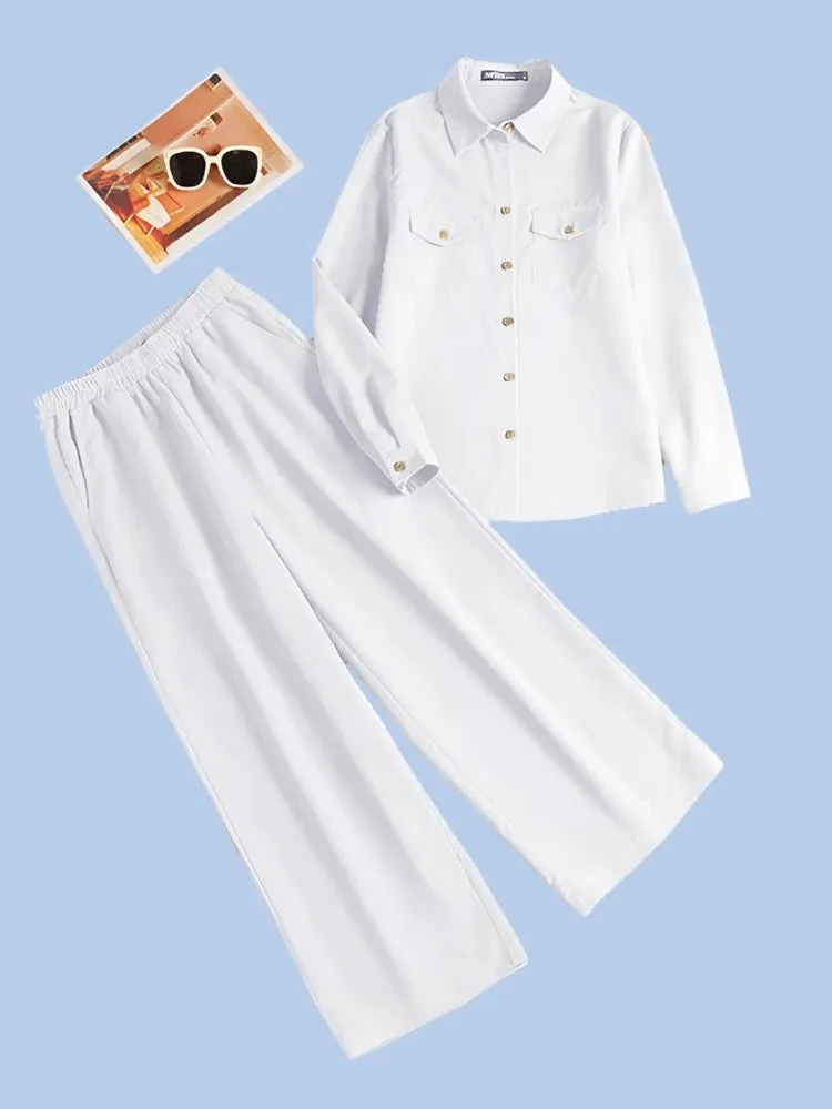 Lapel Neck Long Sleeve Shirt Solid Trousers Suits