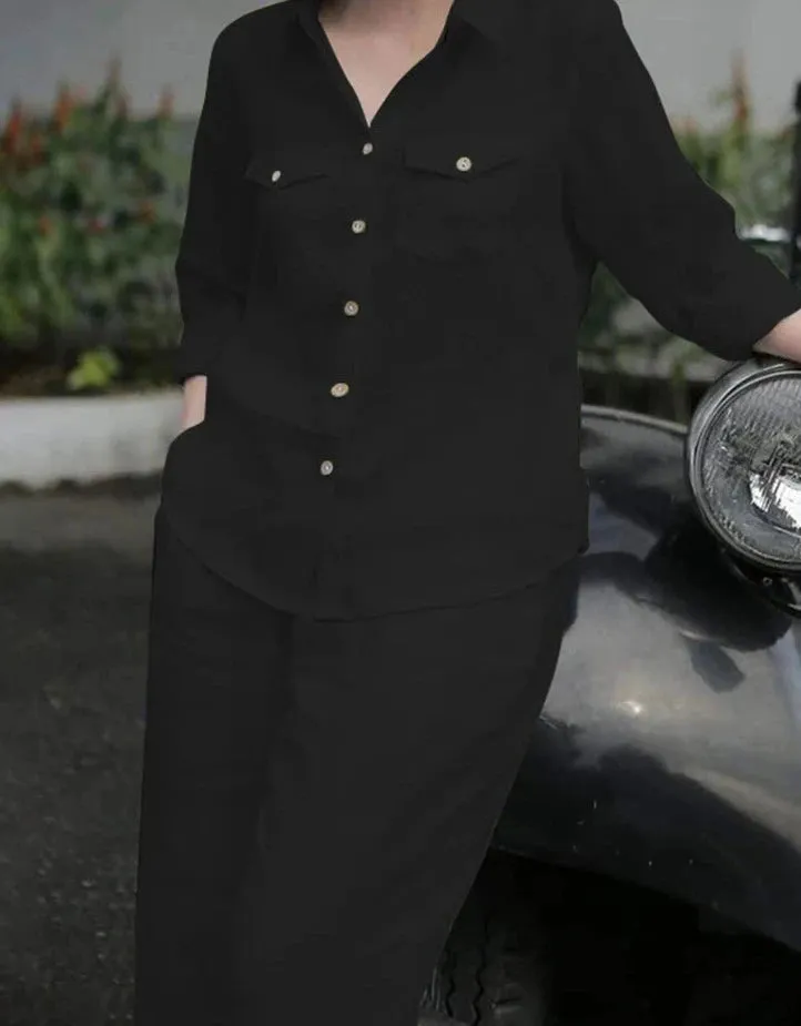 Lapel Neck Long Sleeve Shirt Solid Trousers Suits