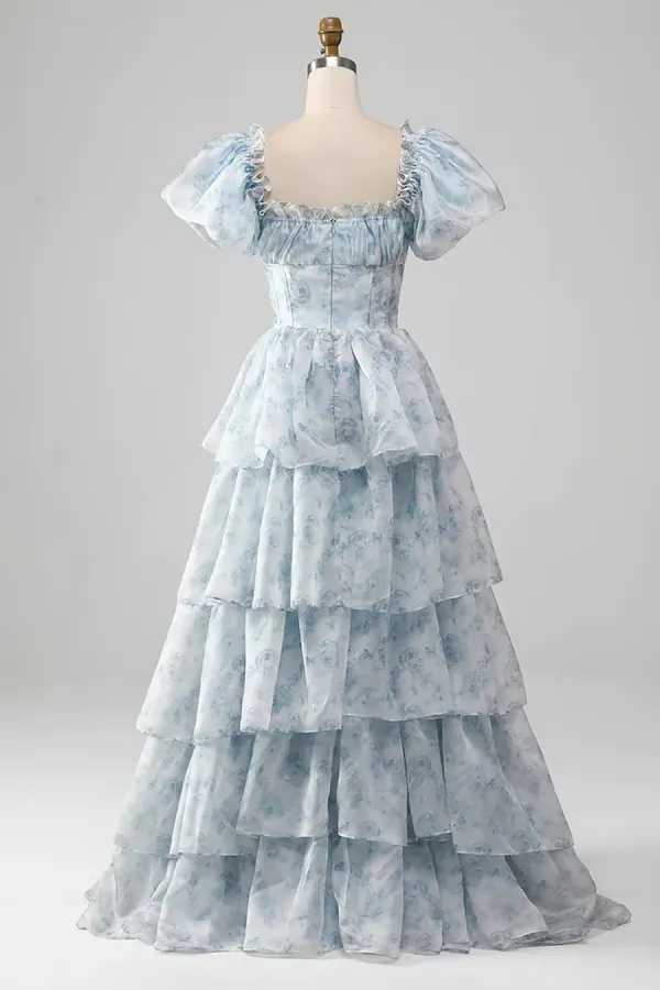 Light Blue Floral Short Sleeves Long Prom Dress, Light Blue Party Dress KPP1904