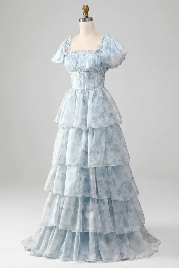 Light Blue Floral Short Sleeves Long Prom Dress, Light Blue Party Dress KPP1904