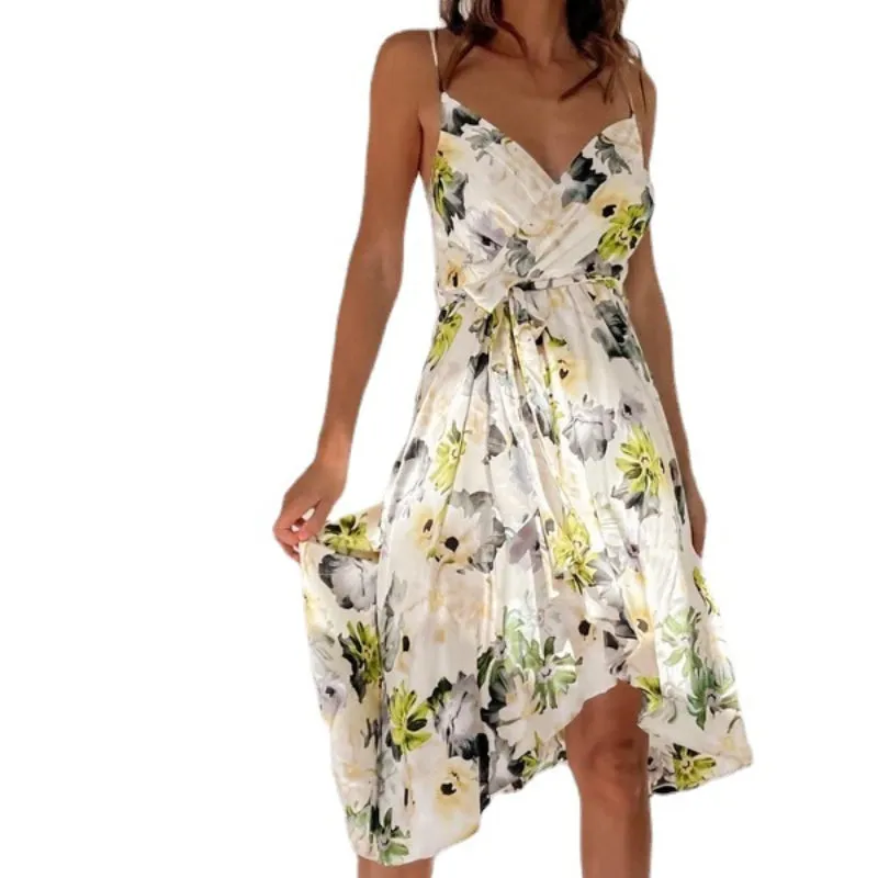 New Printed Sexy Vacation Spaghetti Strap Crossed Dress