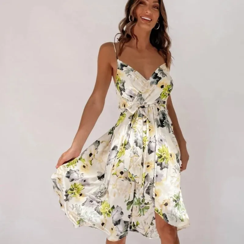 New Printed Sexy Vacation Spaghetti Strap Crossed Dress