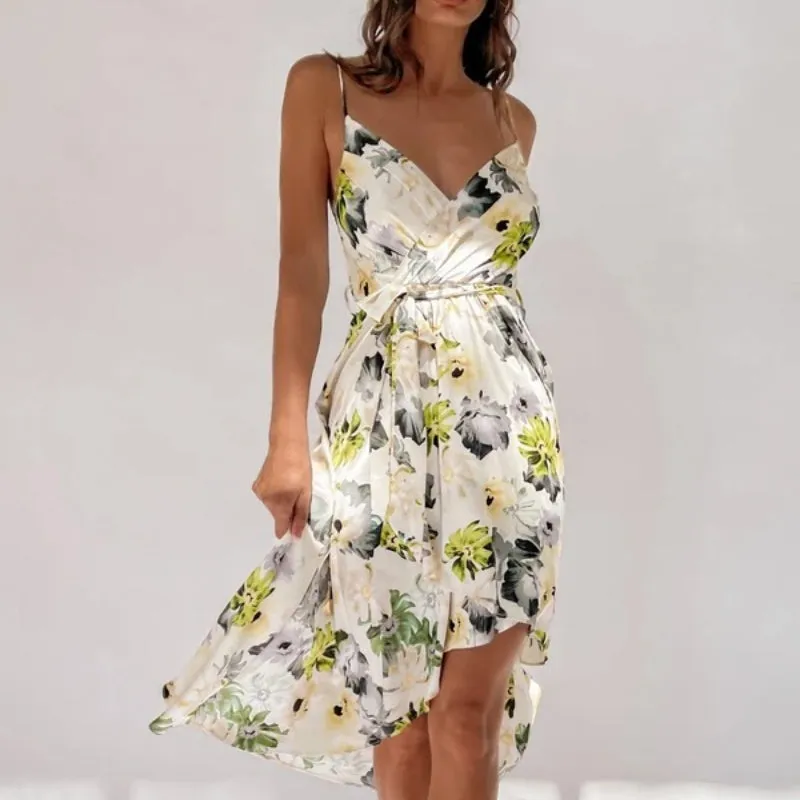 New Printed Sexy Vacation Spaghetti Strap Crossed Dress
