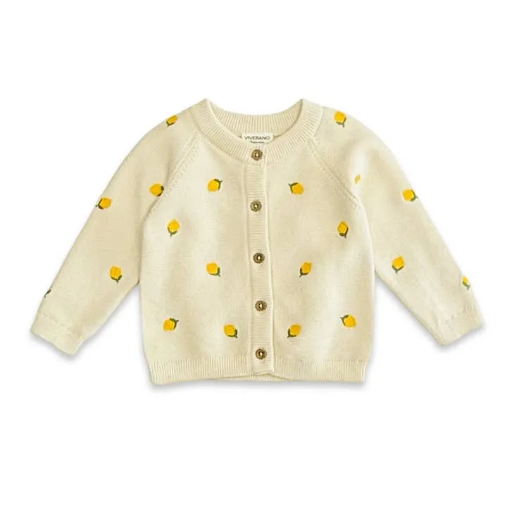Organic Sweet Cream Lemon Embroidered Knit Baby Cardigan