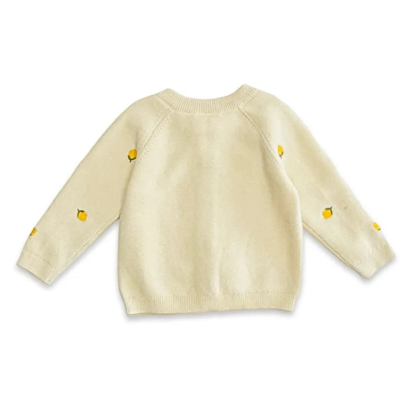 Organic Sweet Cream Lemon Embroidered Knit Baby Cardigan