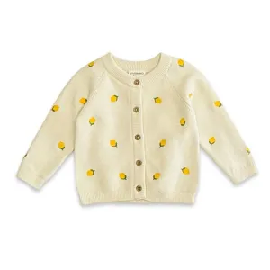 Organic Sweet Cream Lemon Embroidered Knit Baby Cardigan