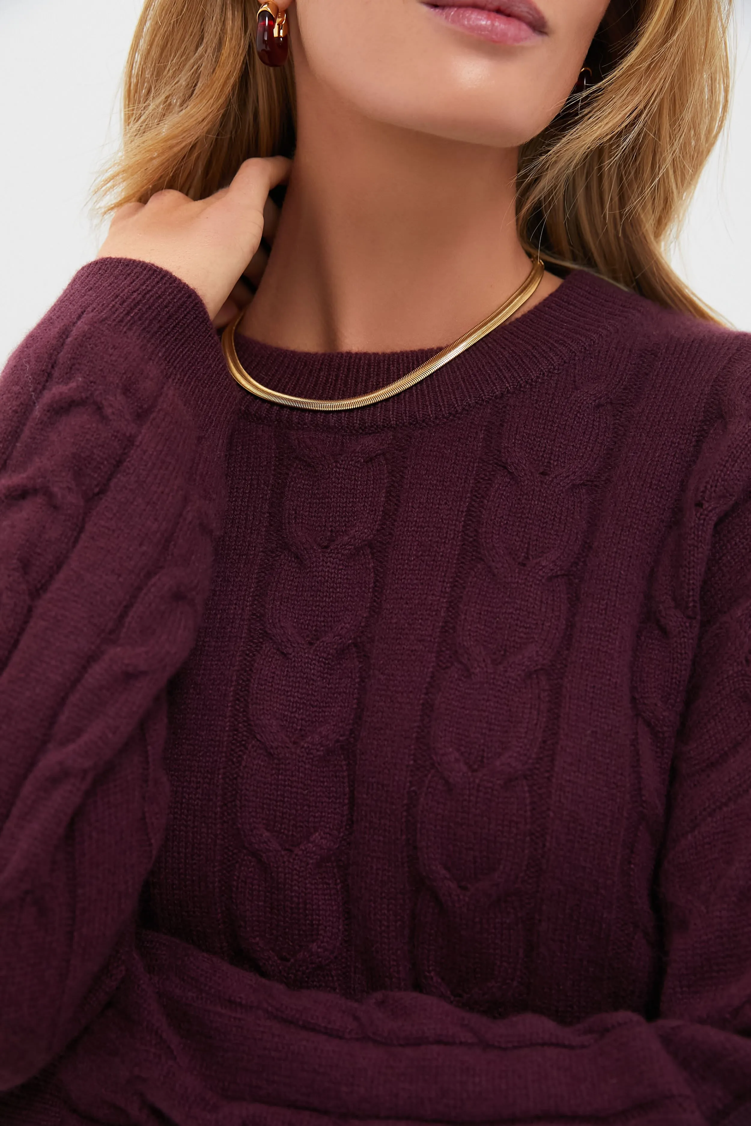 Oxblood Cashmere Eloise Cable Knit Boyfriend Crewneck