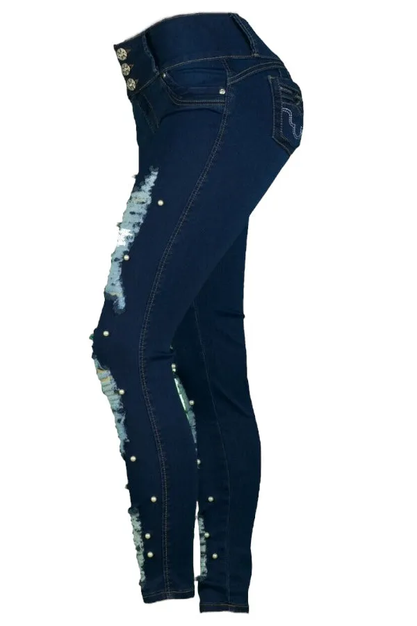 Pearl Studded Ripped Jeans
