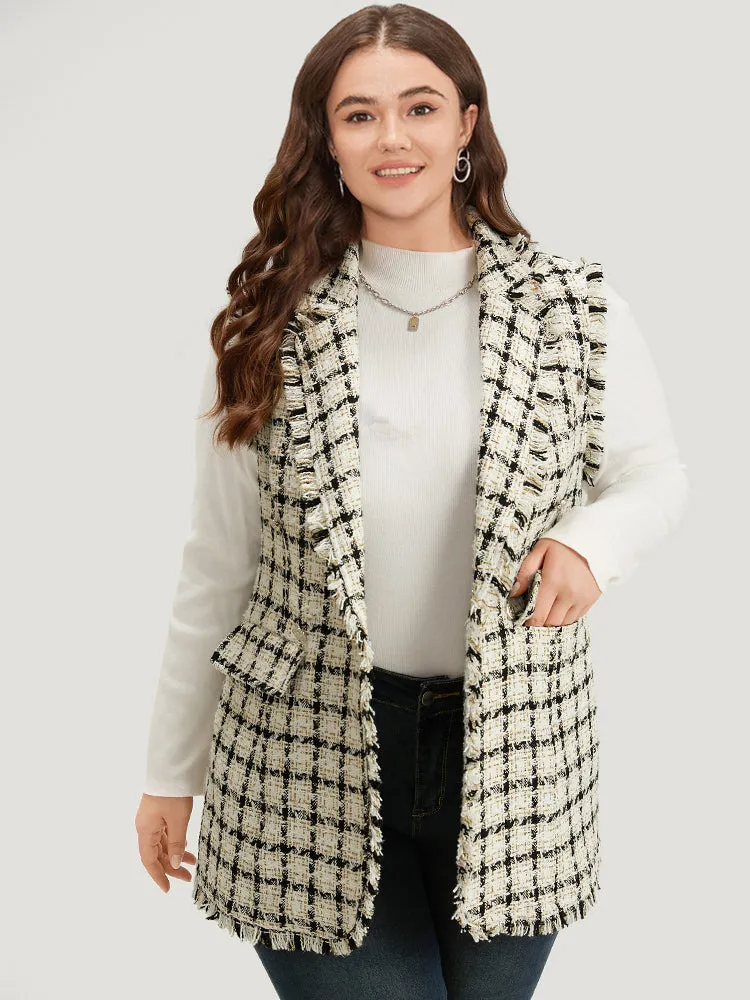 Plaid Sleeveless Flap Pocket Button Up Blazer