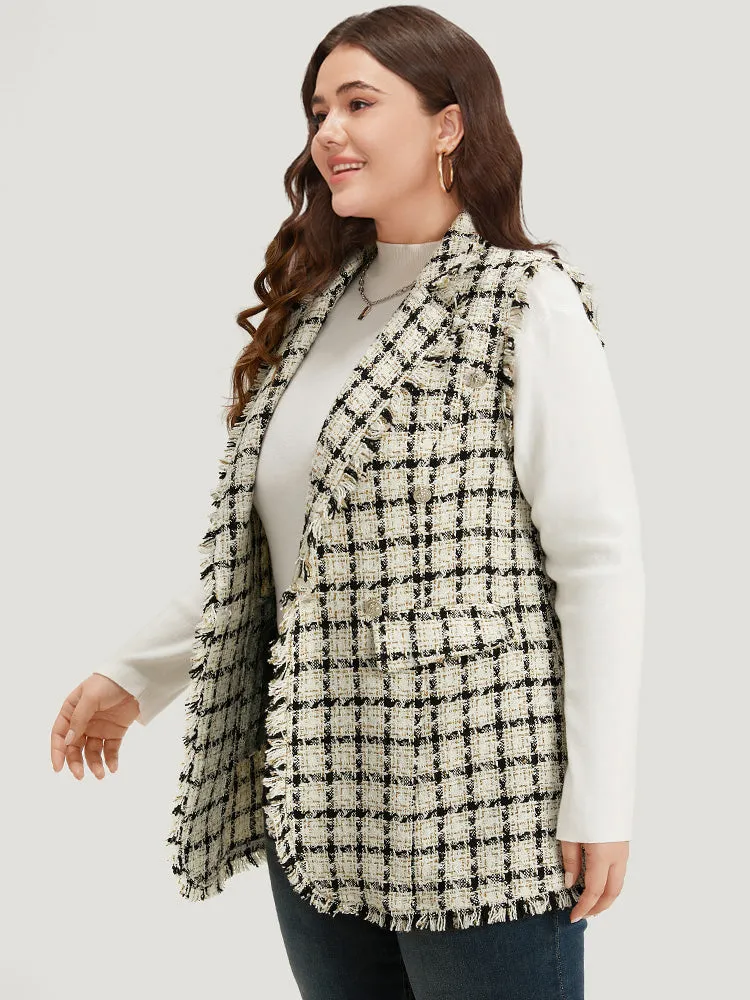 Plaid Sleeveless Flap Pocket Button Up Blazer