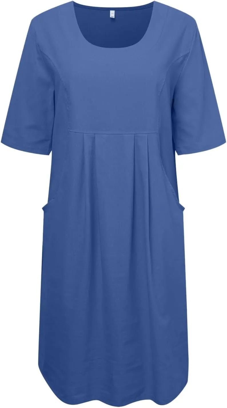 PTOLOCIF Summer Dresses for Women Solid Color Cotton Linen Pockets Tunic Midi Dress Mini Dress