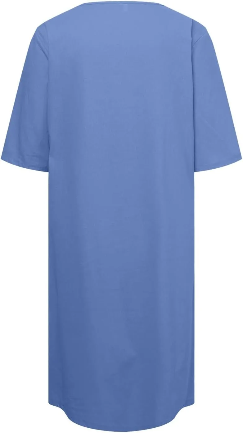 PTOLOCIF Summer Dresses for Women Solid Color Cotton Linen Pockets Tunic Midi Dress Mini Dress