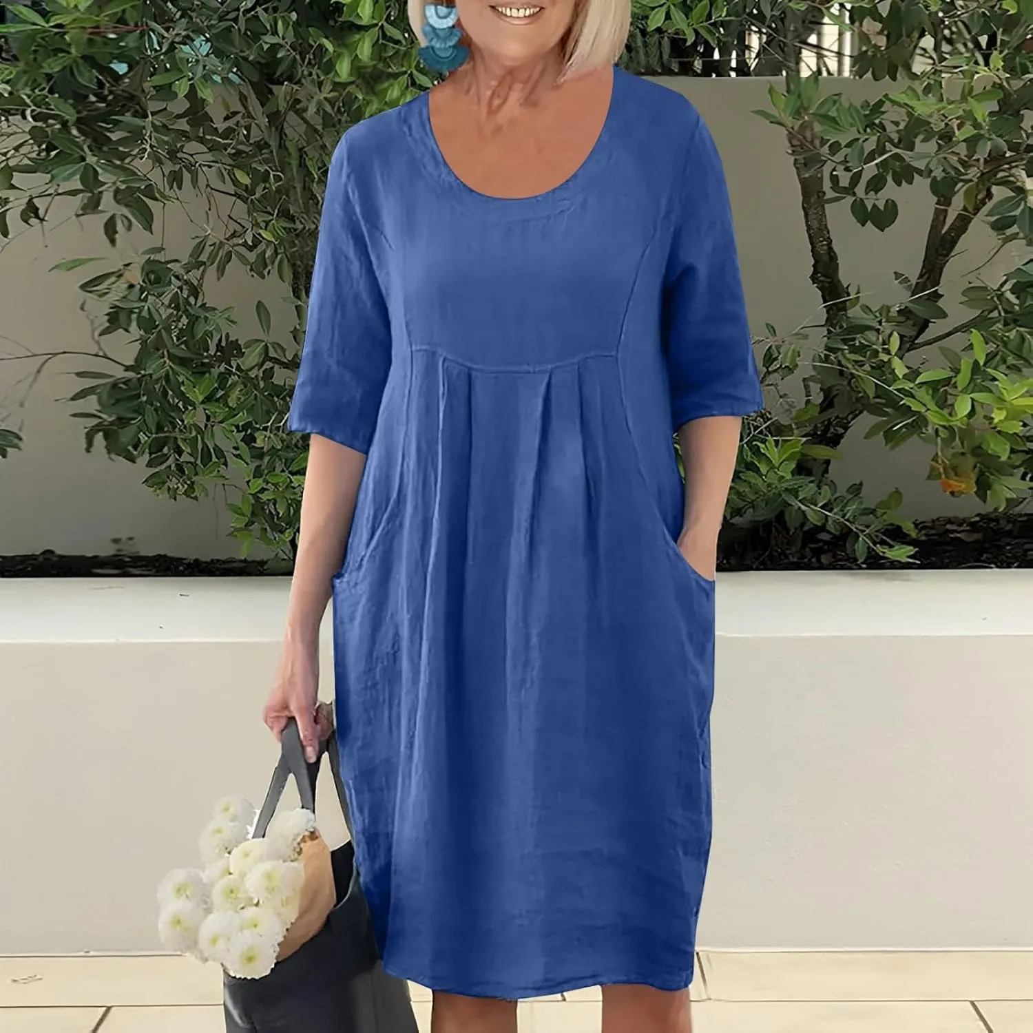 PTOLOCIF Summer Dresses for Women Solid Color Cotton Linen Pockets Tunic Midi Dress Mini Dress