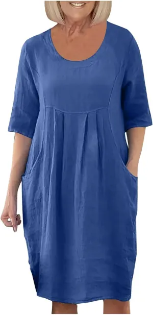 PTOLOCIF Summer Dresses for Women Solid Color Cotton Linen Pockets Tunic Midi Dress Mini Dress