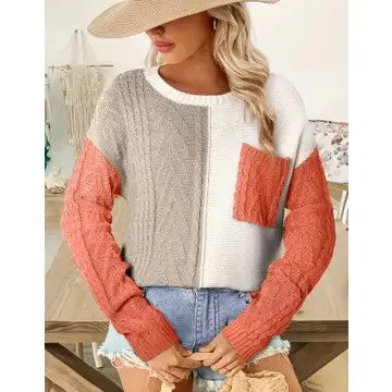 Pumpkin And Spice Color Block Orange Patch Pocket Sweater (Size Large)