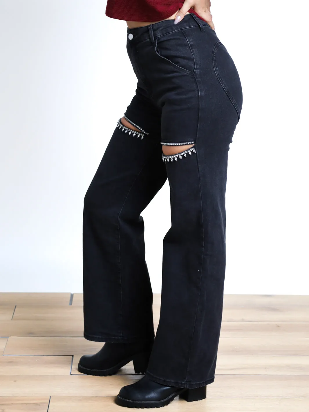Still Bejeweled Washed Front Cut Rhinestone Jeans- Final Sale