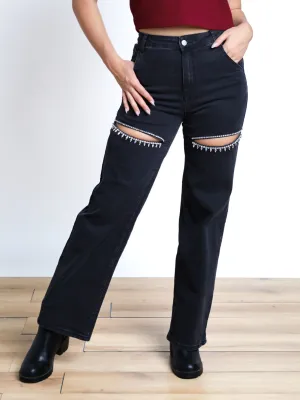 Still Bejeweled Washed Front Cut Rhinestone Jeans- Final Sale