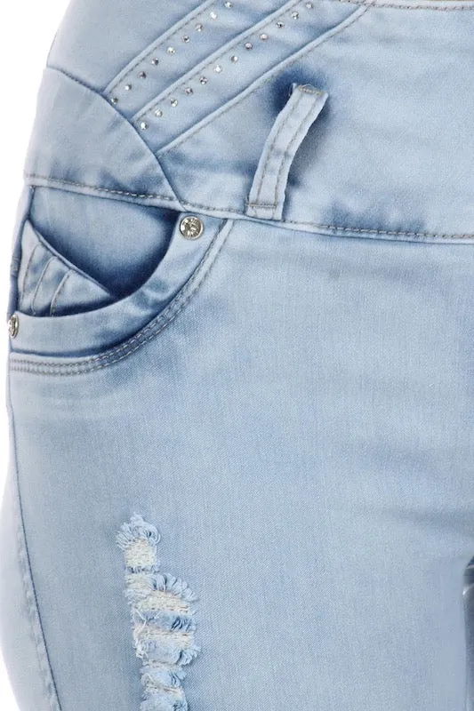 Studded High Waist Distressed Jeans W/ No Back Pockets
