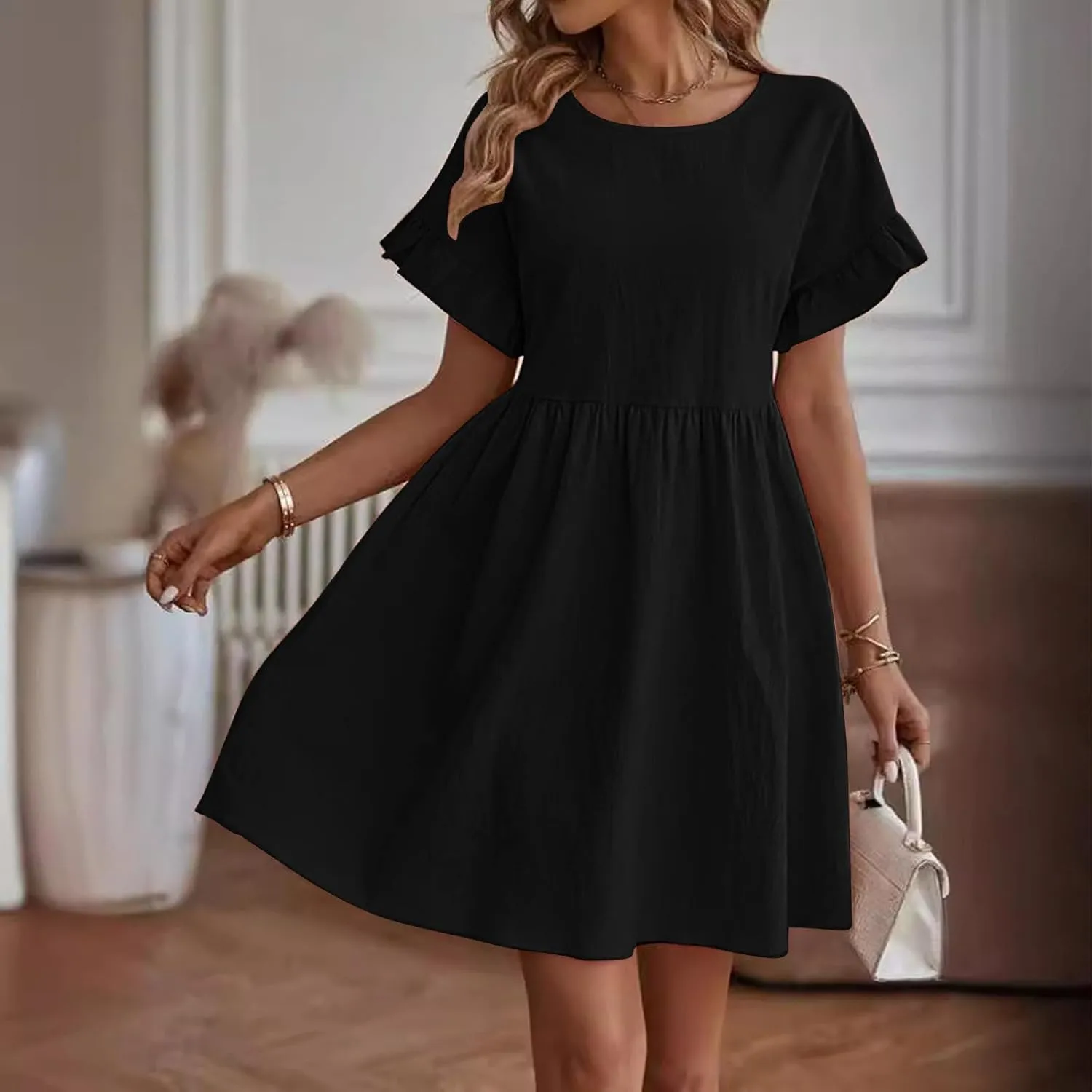 Summer Dresses for Women 2025 Vacation Short Sleeve Dress Casual Pleated Dress Crewneck Midi Dress Solid Color Dress