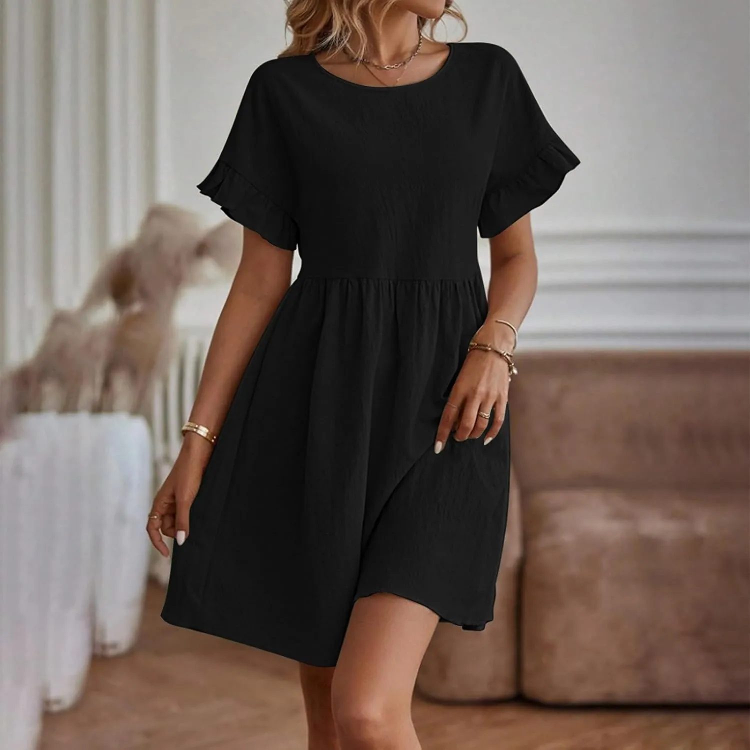 Summer Dresses for Women 2025 Vacation Short Sleeve Dress Casual Pleated Dress Crewneck Midi Dress Solid Color Dress