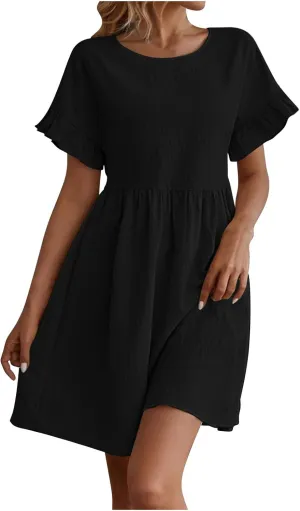 Summer Dresses for Women 2025 Vacation Short Sleeve Dress Casual Pleated Dress Crewneck Midi Dress Solid Color Dress