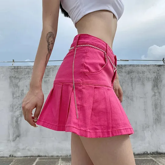 Summer Style Pleated Denim Mini Skirt High Waist