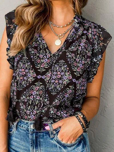 Tassel Accent Ruffled Cap Sleeve Floral Blouse