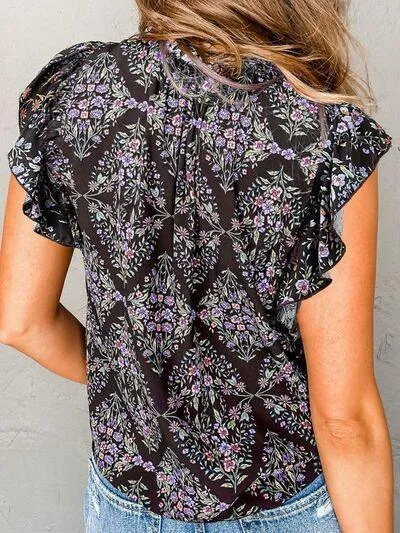 Tassel Accent Ruffled Cap Sleeve Floral Blouse