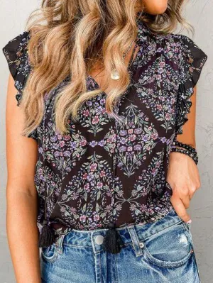 Tassel Accent Ruffled Cap Sleeve Floral Blouse