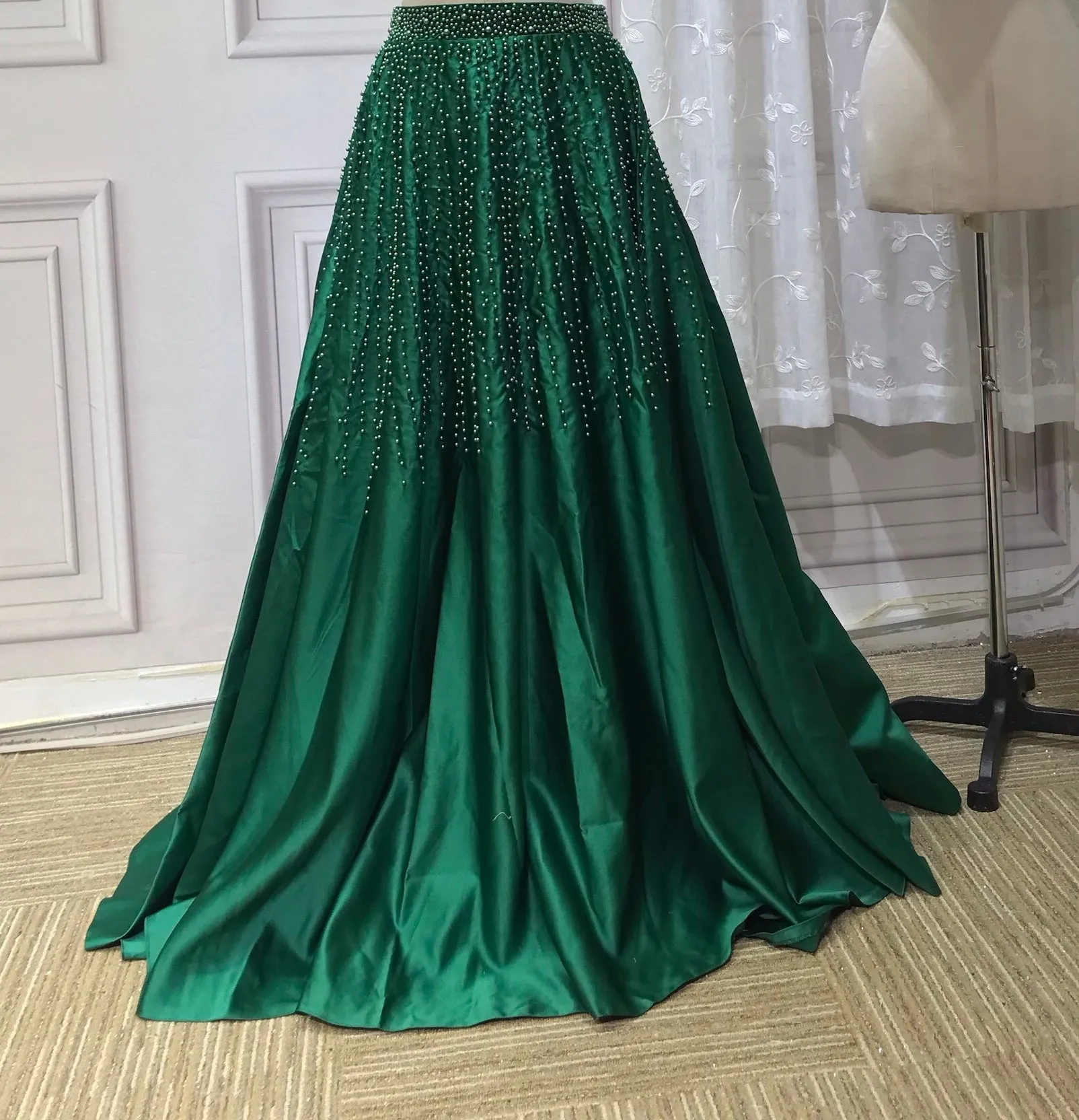 Vintage pearls beaded top and skirt separated two pieces emerald green prom dress
