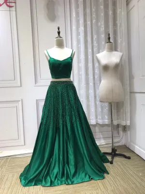 Vintage pearls beaded top and skirt separated two pieces emerald green prom dress