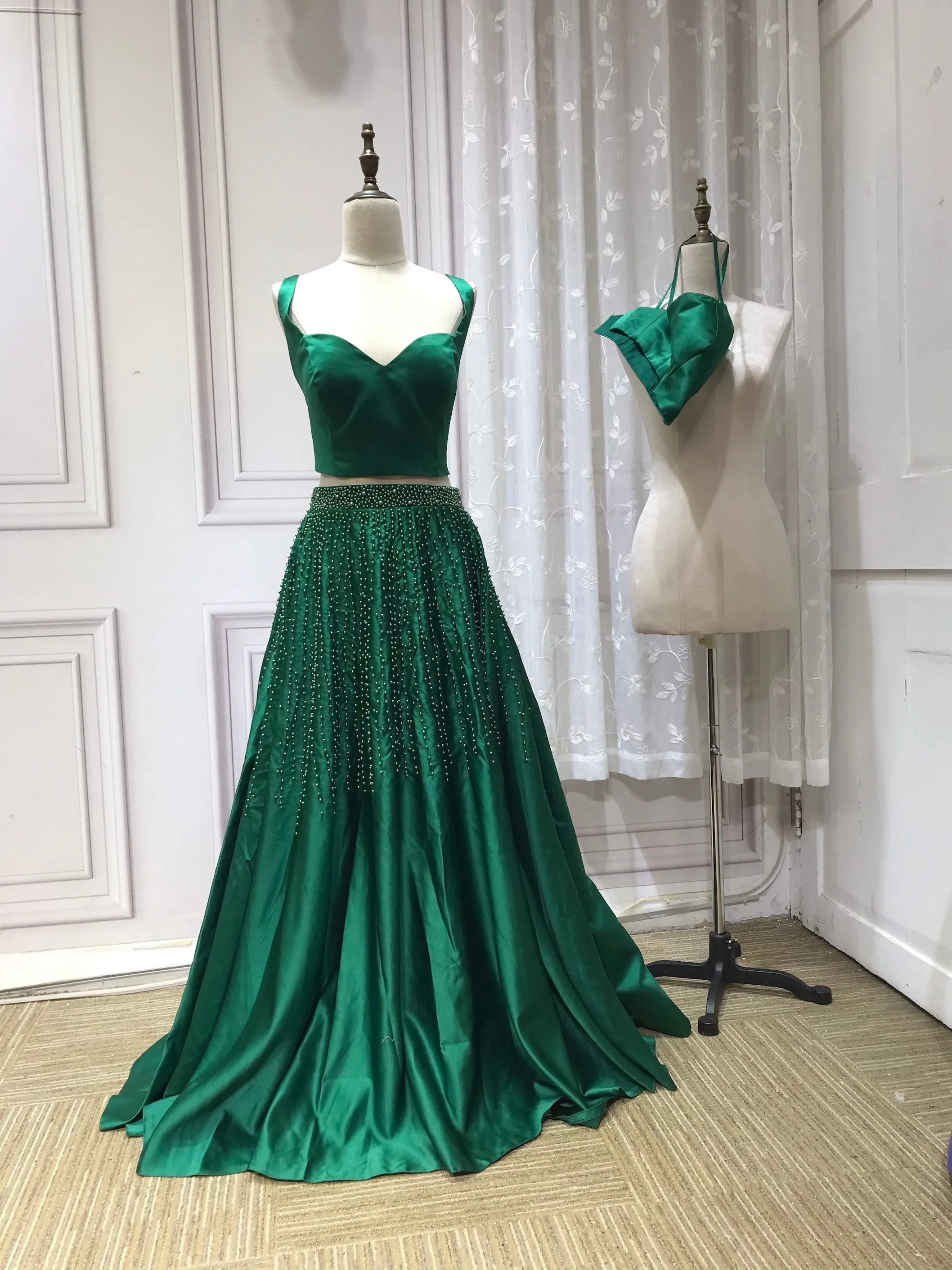 Vintage pearls beaded top and skirt separated two pieces emerald green prom dress