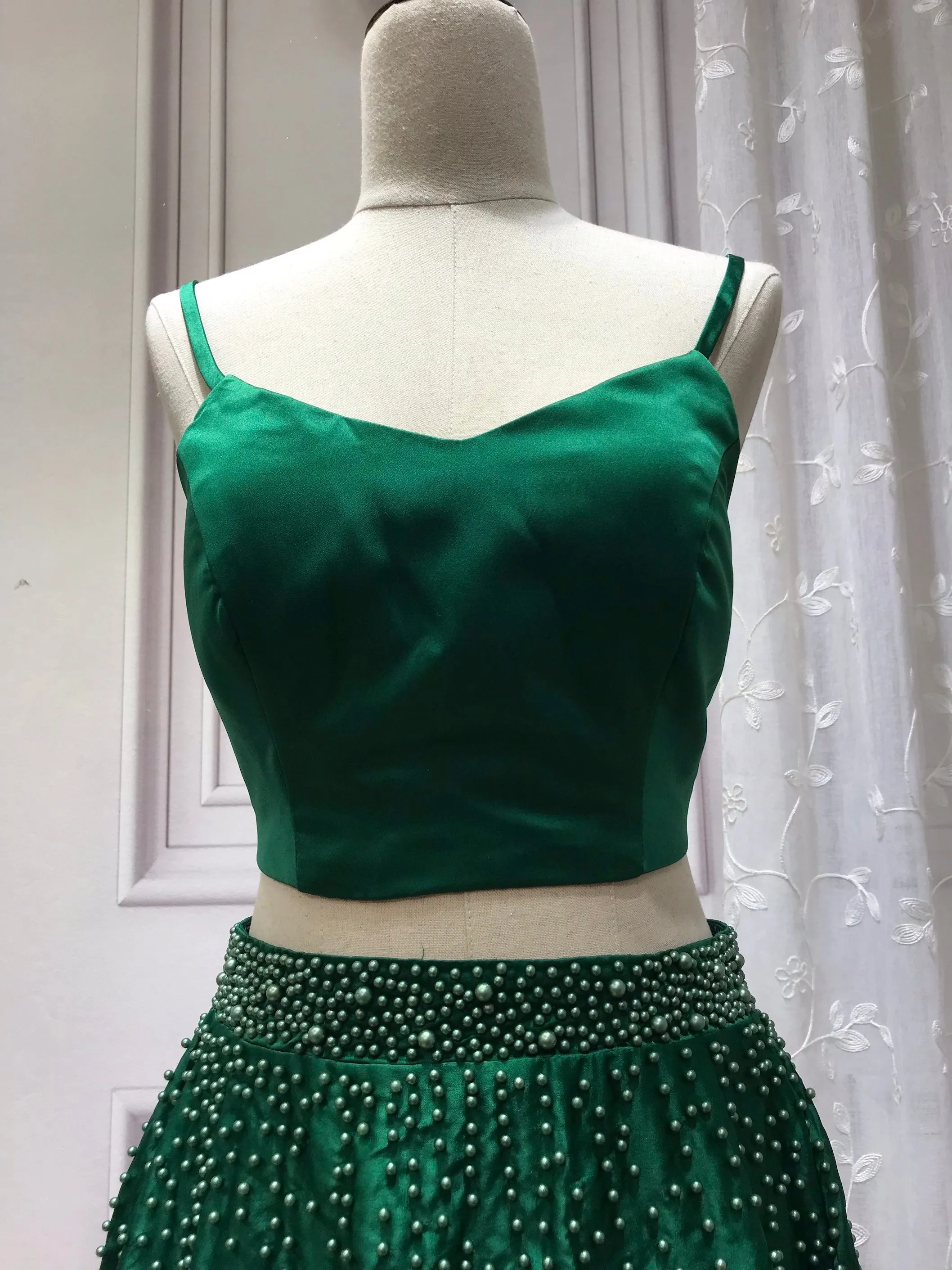 Vintage pearls beaded top and skirt separated two pieces emerald green prom dress