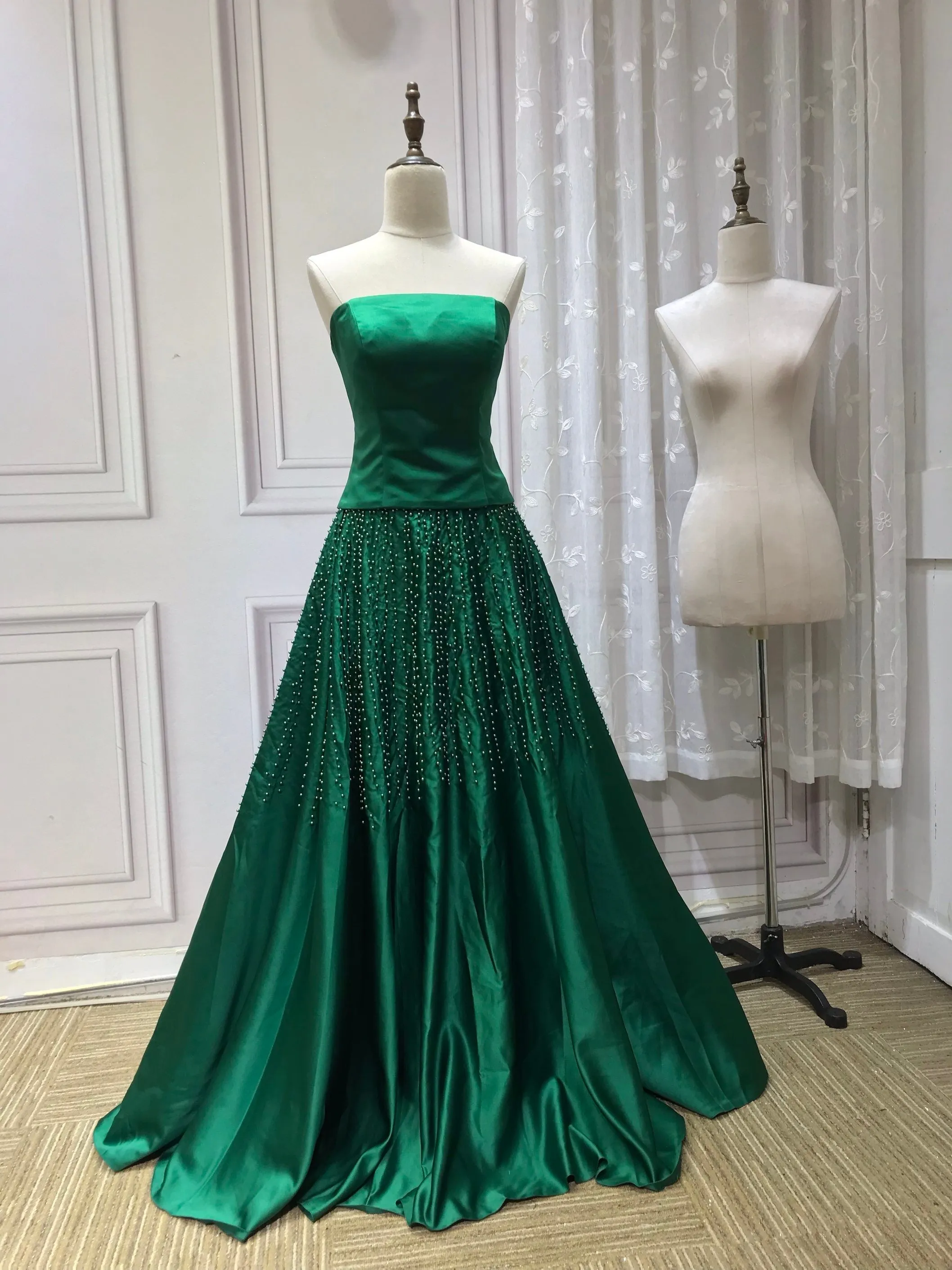 Vintage pearls beaded top and skirt separated two pieces emerald green prom dress