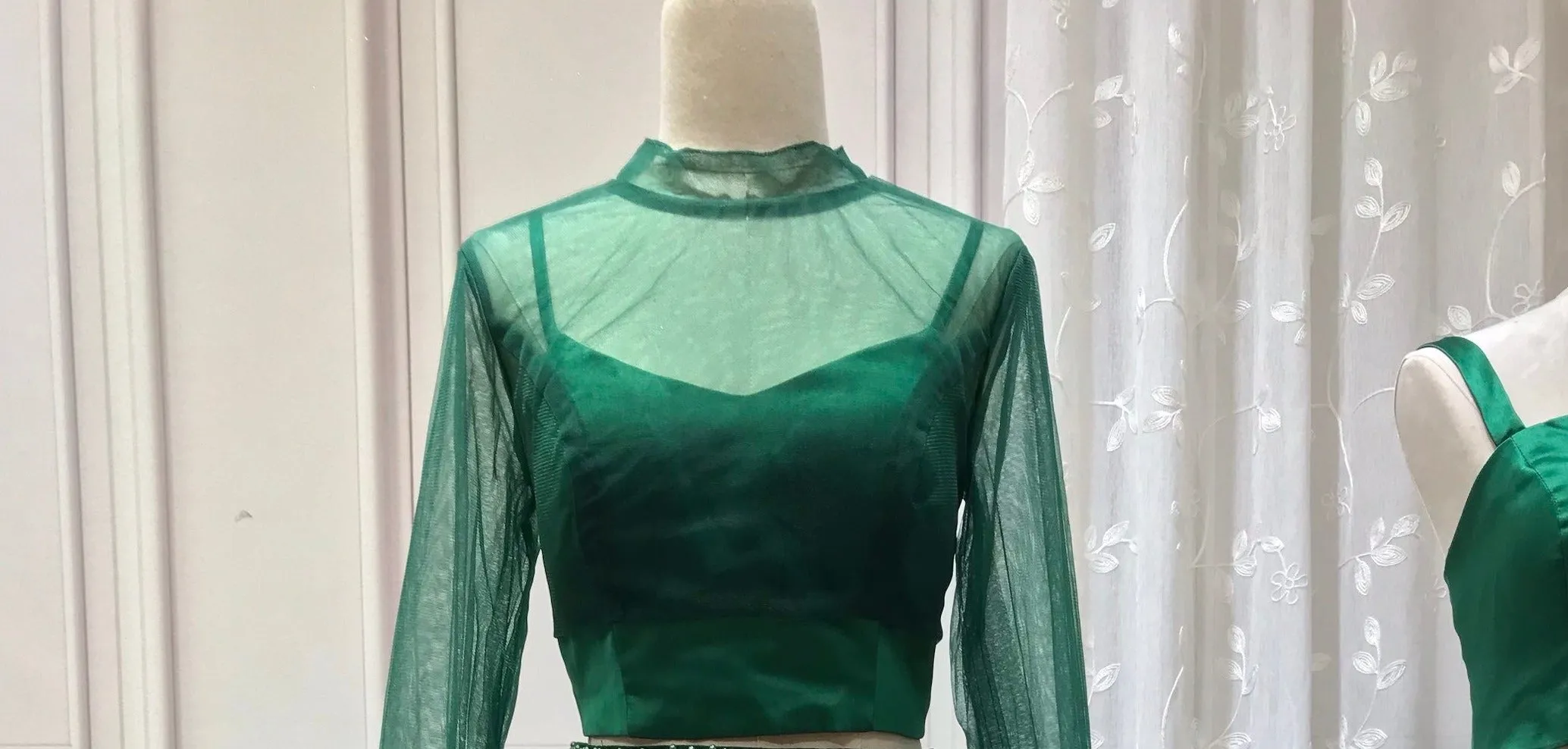Vintage pearls beaded top and skirt separated two pieces emerald green prom dress