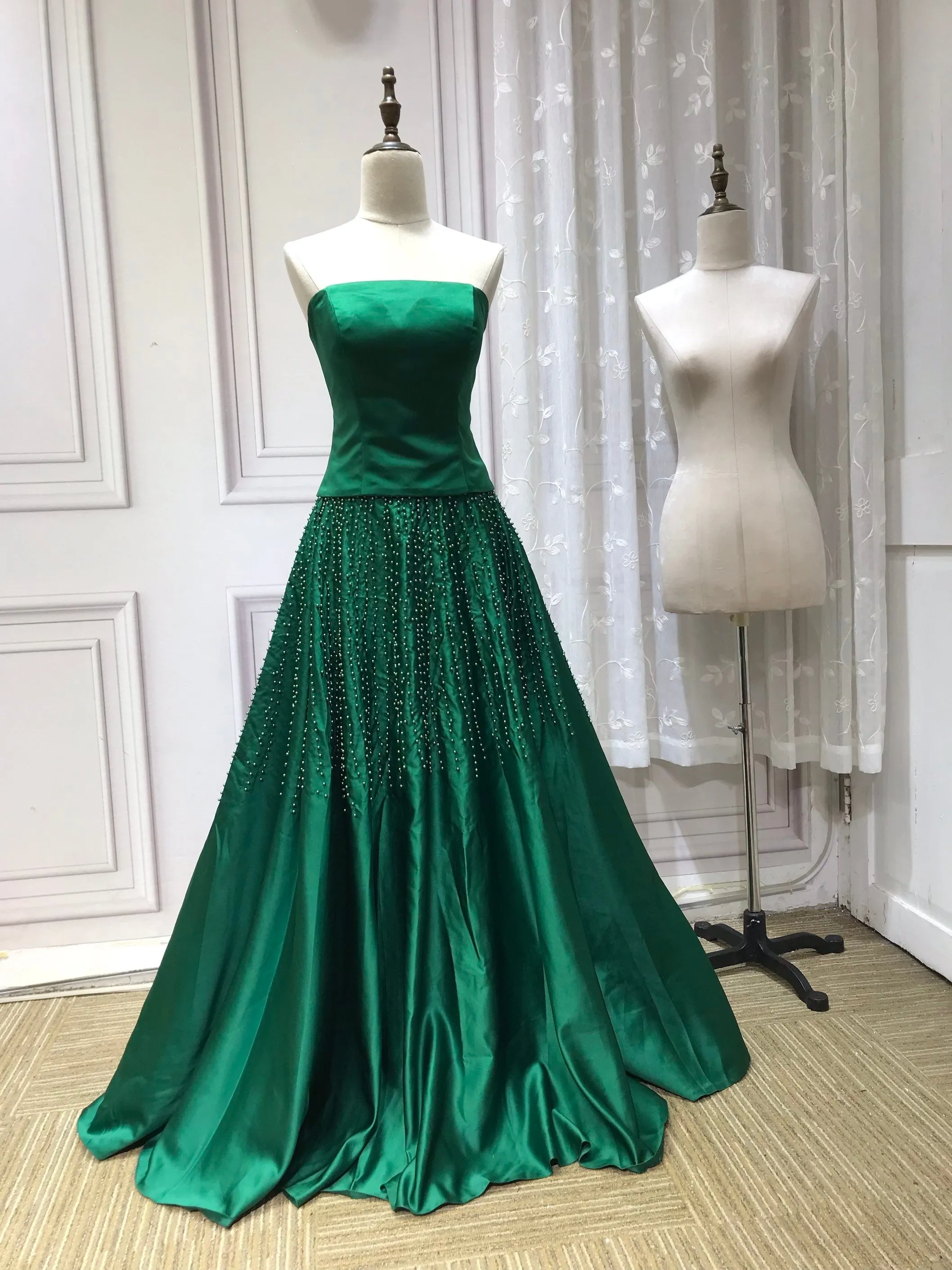 Vintage pearls beaded top and skirt separated two pieces emerald green prom dress