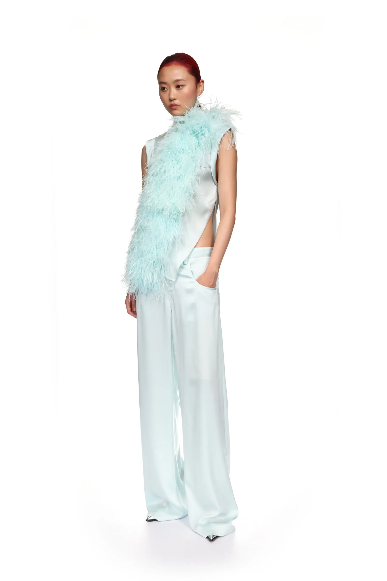 WIDE LEG SATIN TROUSERS IN MINT