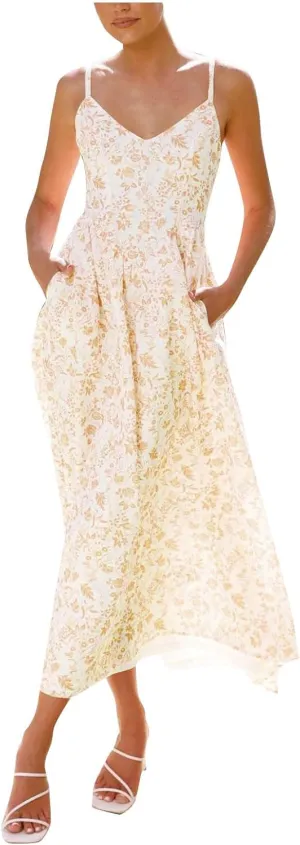 Womens Beach Dresses Bohemian Style Floral Midi Dress Sleeveless V-Neck Pleated A-Line Sling Dress Summer Sundress