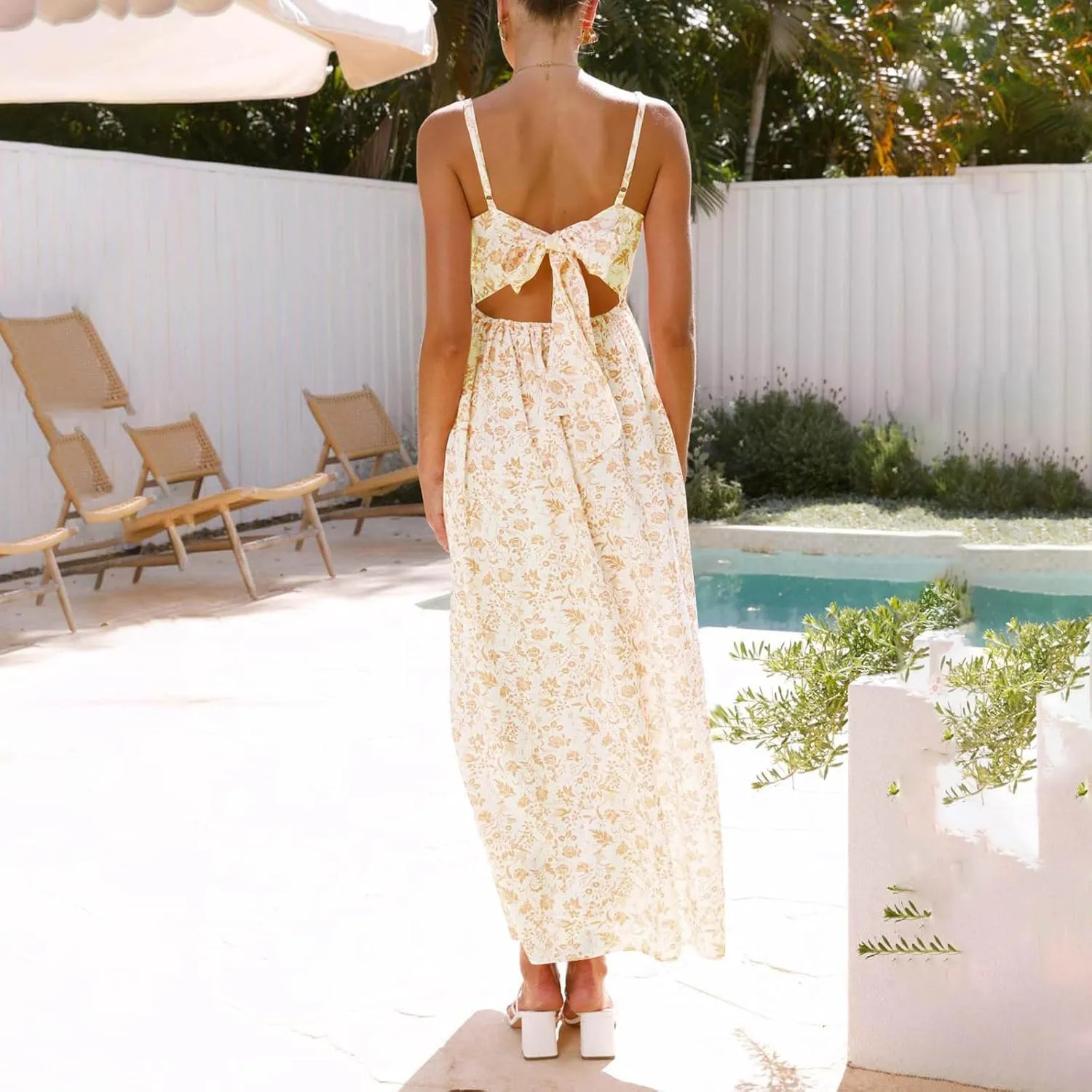 Womens Beach Dresses Bohemian Style Floral Midi Dress Sleeveless V-Neck Pleated A-Line Sling Dress Summer Sundress