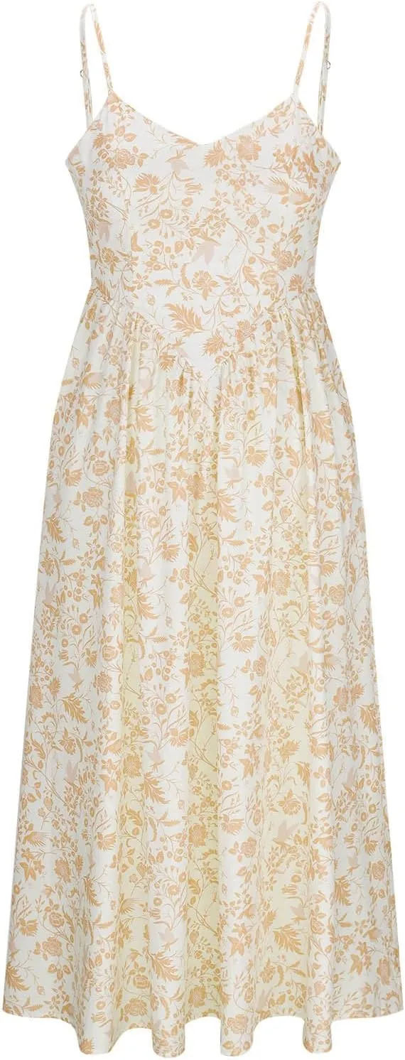 Womens Beach Dresses Bohemian Style Floral Midi Dress Sleeveless V-Neck Pleated A-Line Sling Dress Summer Sundress