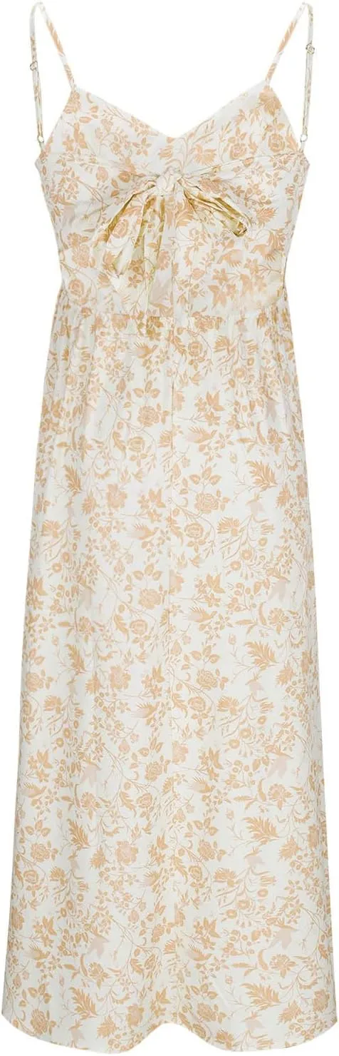 Womens Beach Dresses Bohemian Style Floral Midi Dress Sleeveless V-Neck Pleated A-Line Sling Dress Summer Sundress